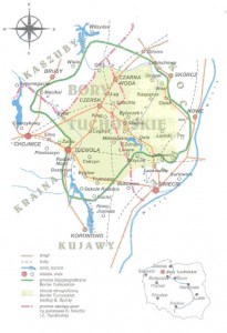 Granice Borów Tucholskich. Źródło: W. Szkulmowska - "Sztuka Ludowa w Borach Tucholskich" Mapę opracował: J. Umiński